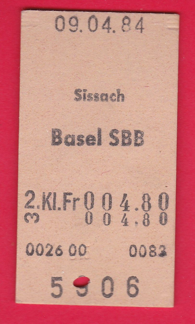 Biglietti: KARTON BILLETT, SISSACH - BASEL SBB, 2.KLASSE, EINFACH, 1984 – Usato da Oberrieden venduto da Gebirgsstelze