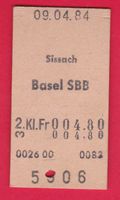 KARTON BILLETT, SISSACH - BASEL SBB, 2.KLASSE, EINFACH, 1984