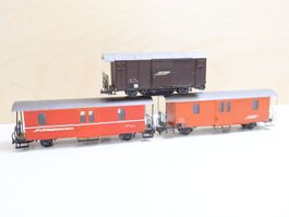 BEMO RhB 3 x Gleisreiniger/Materialwagen/Gepäckwagen H0m