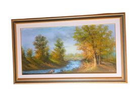 Gemälde Landschaft mit Brücke und Fluss, signiert, gerahmt