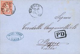 1866: Sitz. Helvetia, Beleg mit 30  Rp. zinnober nach Reggio