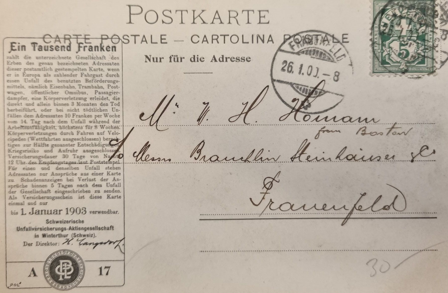 Cartoline postali: Postkarte Rheinfall mit Versicherungsschein, 1900 – Usato da Caslano venduto da alaniselin