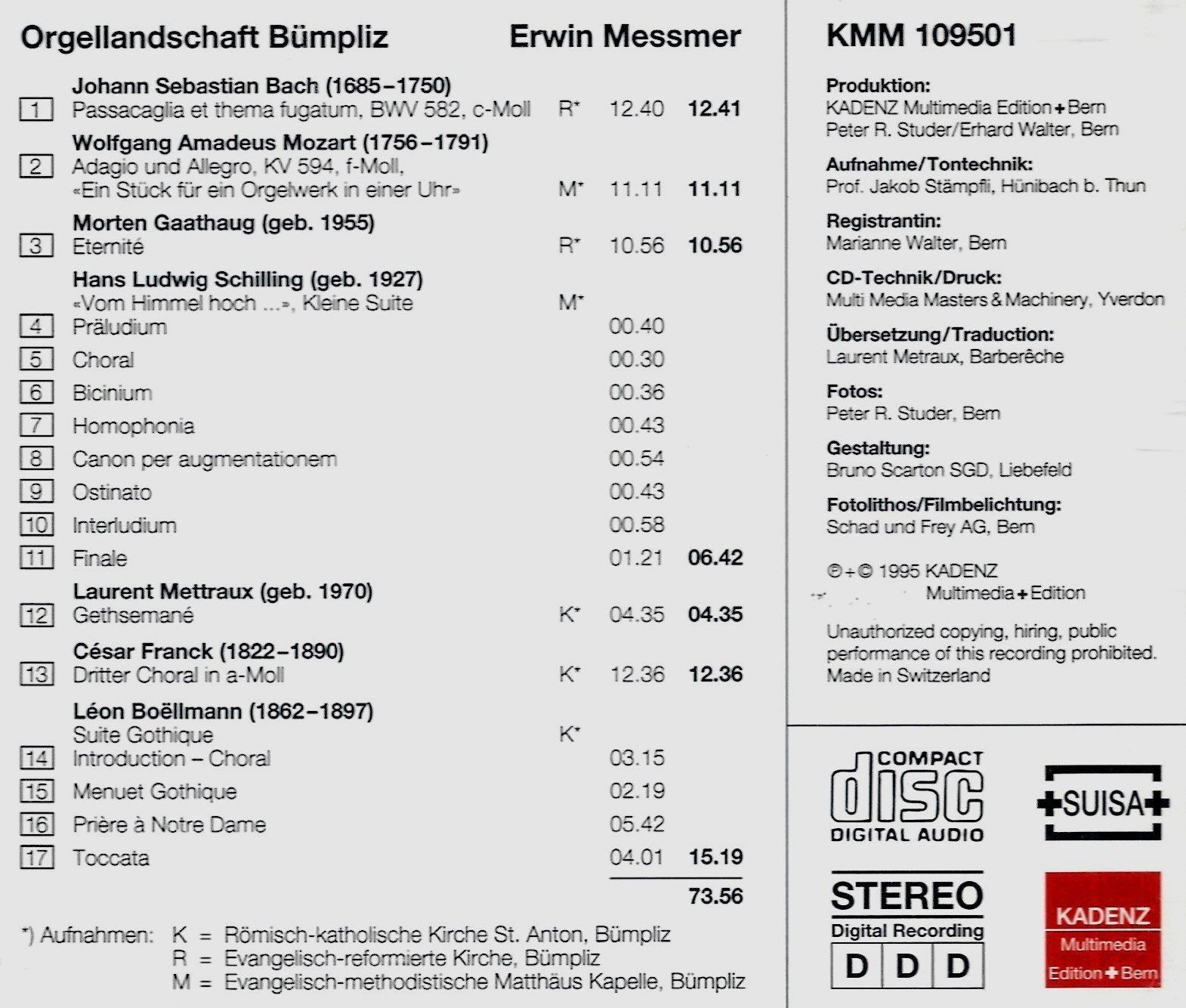 CD: Erwin Messmer Orgellandschaft Bümpliz Kirche St. Antonius CD – Usato da Kandergrund venduto da Sososo 1