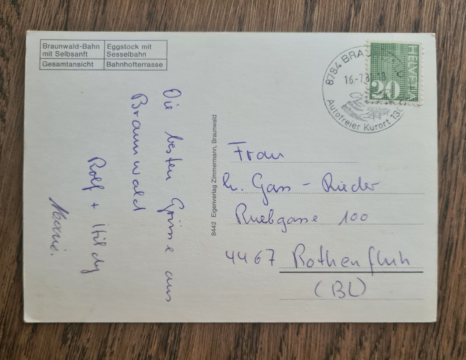 Cartoline postali: Braunwald mit Bergbahn 1978 – Usato da Ebikon venduto da Donar50 2