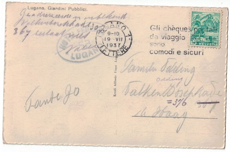 Cartoline postali: Lugano, giardini pubblici, circolata 1937 – Usato da Frauenfeld venduto da POML 1