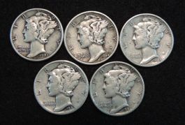 5 Stück USA Mercury Dime, 900 Silber