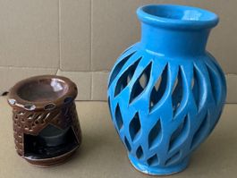 Keramik Deko Set Vase und Duftlampe braun und blau  A156