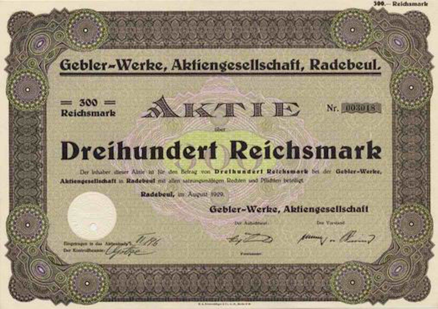 Documenti: Gebler-Werke AG, Radebeul - 1929 – Usato da Solothurn venduto da Sgasche