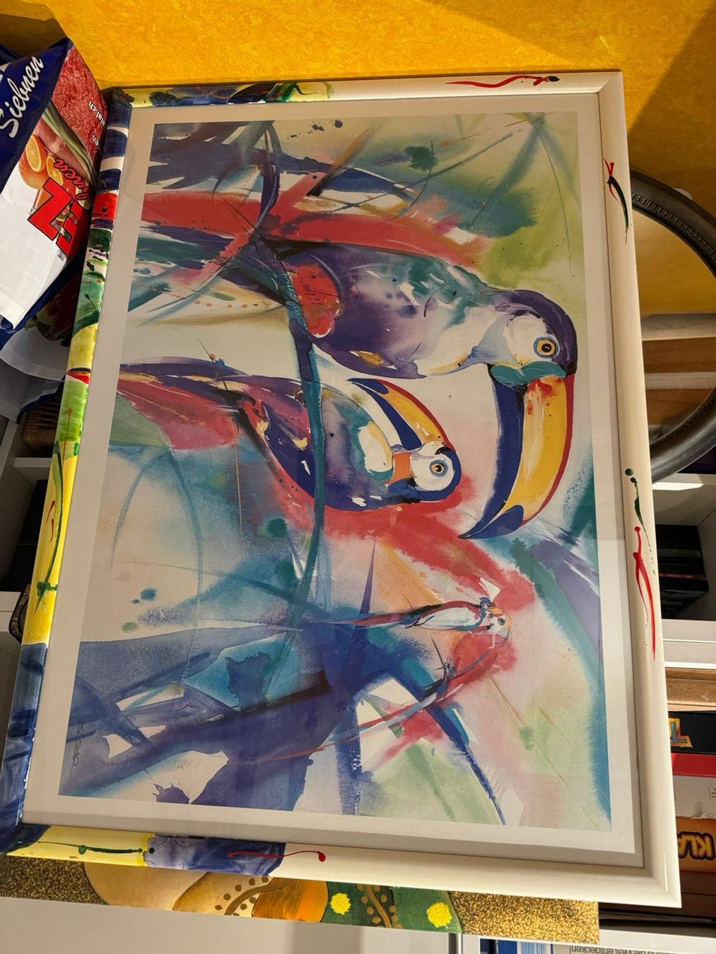 Poster & Bilder: Bild Pelikan mit handgemalten Rahmen – Gebraucht aus Fehraltorf von Milanisto7