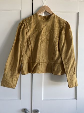 Dôen Bluse mit Stickerei 100% Ramie gelb Grösse S Zustand gu