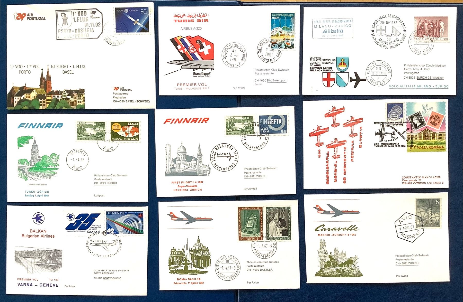 Alle Briefmarken: 1967 - 1991 - 9 Briefe Erstflug International – Neu (gemäss Beschreibung) aus Liestal von Skunk02