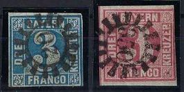 Altdeutschland 1849/50 Bayern 3+3 Kreuzer mit Mühlradstempel