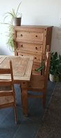 Massivholz Esszimmer-Set Tisch + 5 Stühle + Kommode