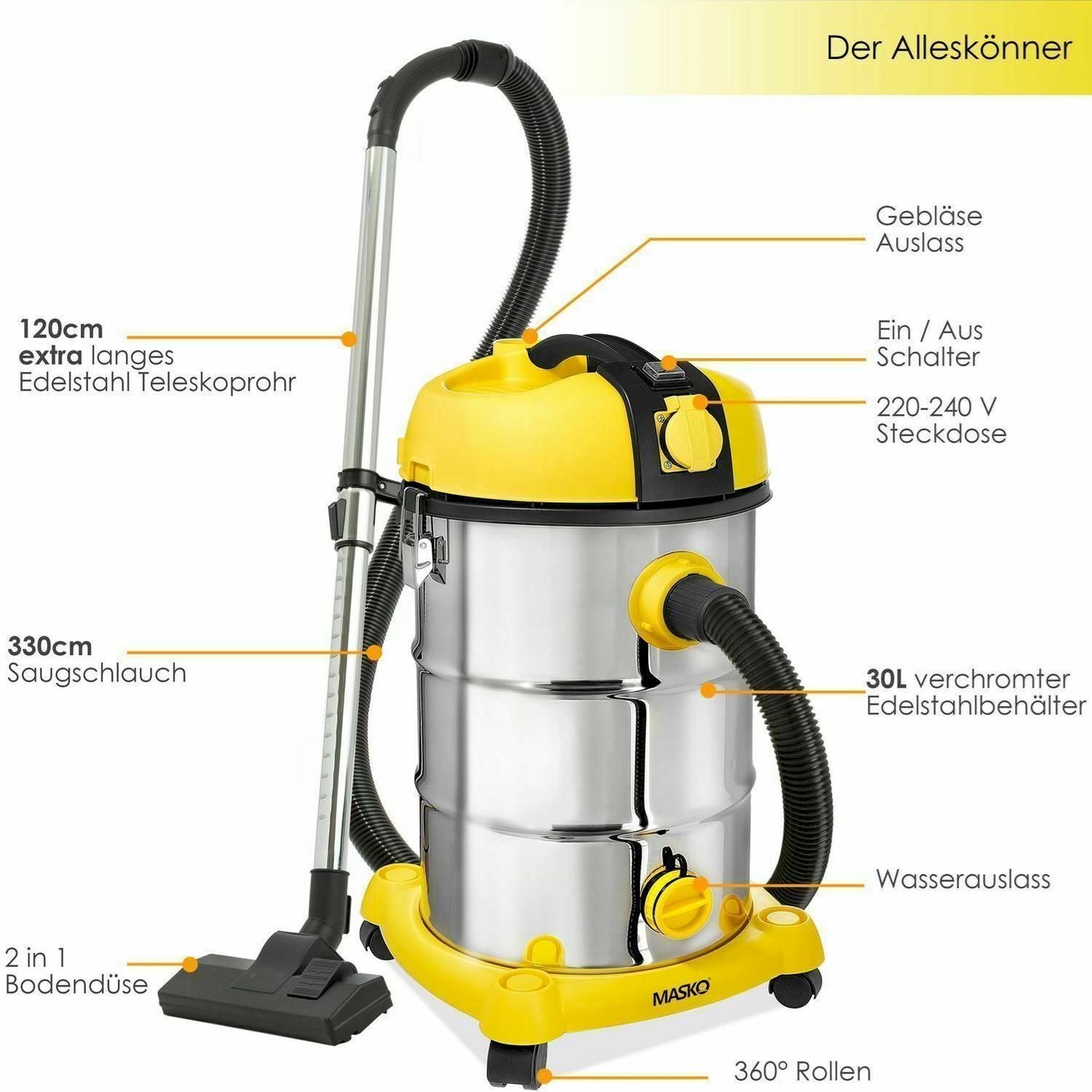 Soffiatori & Aspiratori per foglie: MASKO Staubsauger 2300W Gelb – Nuovo e nell'imballaggio originale da Bottighofen venduto da zaap 2