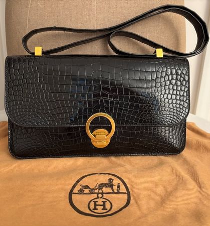 HERMES Vintage sac à bandoulière noir en crocodile Porosus