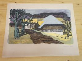 Fred Stauffer – signierte Farblithografie Bauernhaus