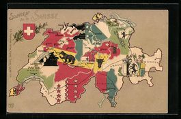 Litho Schweiz, Landkarte mit Kantonen de