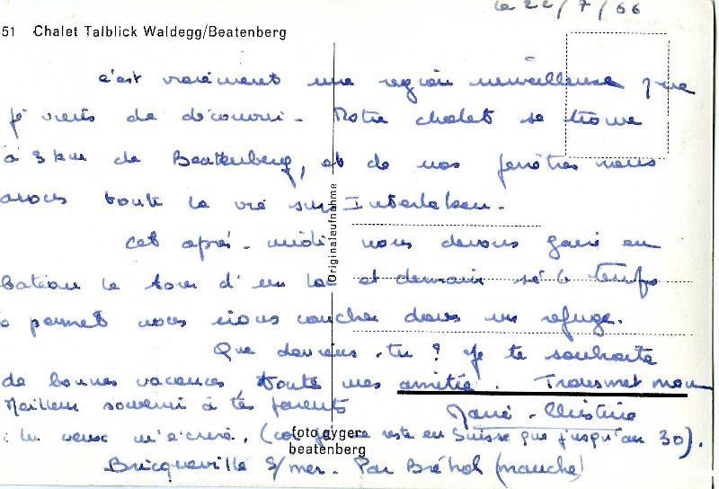 Cartoline postali: Beatenberg  Waldegg Chalet Talblick 1966 – Usato da Emmenbrücke venduto da teestube 1