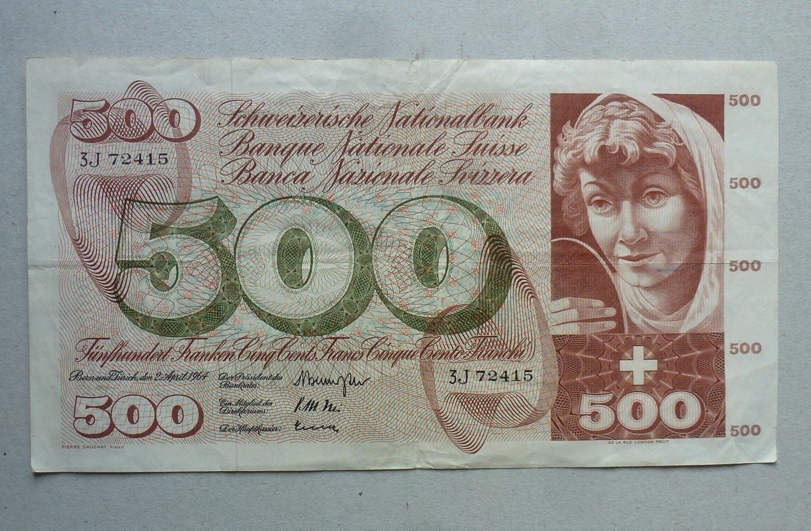 Banconote: Schweiz ++ 500.- Franken 1964 – Usato da Walkringen venduto da Casablanca777