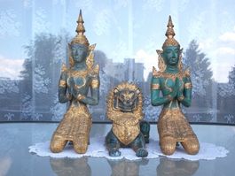 37cm+38cm Bronze Tempelwächter Paar mit Singhas Löwe 8375 gr
