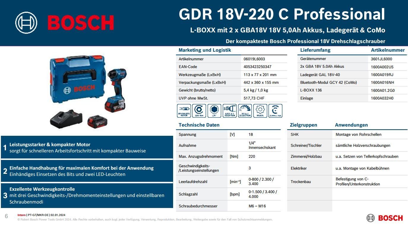Bosch Bohrmaschinen: Bosch Schlagschrauber GDR 18V-220 C – Neu und originalverpackt aus Koppigen von Bracher_Mail-House 6