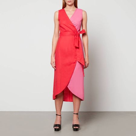Never Fully Dressed Pink Linen Wrap Midi Dress