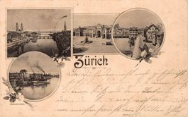 Gruss aus Zürich. Grossmünster, Bahnhofplatz, Dampfschiff