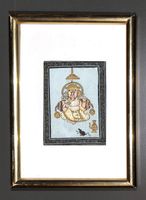 Seidenmalerei Gemälde Ganesha mit Maus, gerahmt, handbemalt