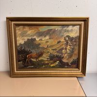 Ölgemälde 1970 Hirsch in Berglandschaft 85 x 65 cm gerahmt