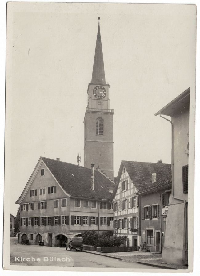 Cartoline postali: Bülach, Kirche, Oldtimer, gelaufen 1933 – Usato da Frauenfeld venduto da POML