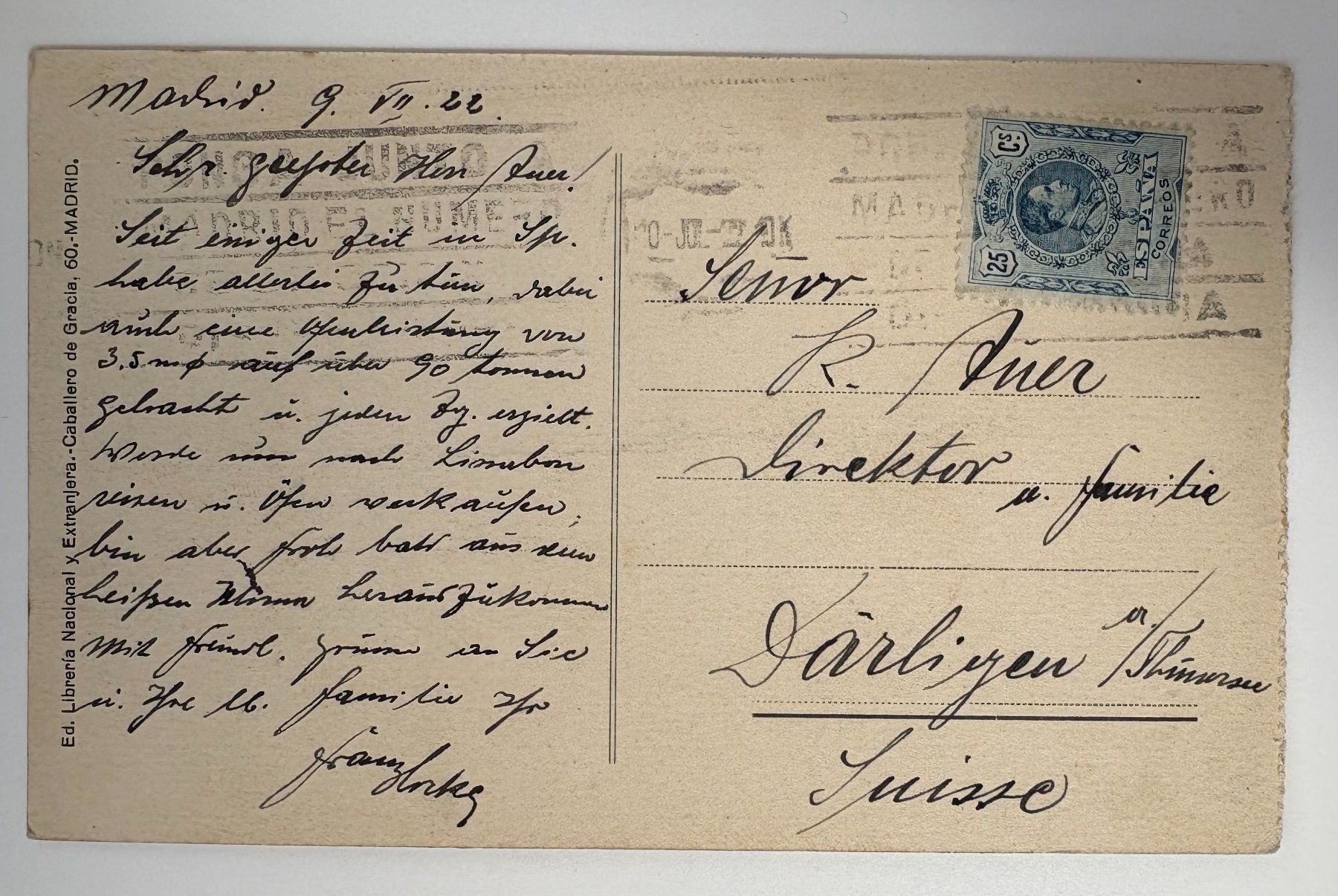 Cartoline postali: ANSICHTSKARTE MADRID 1922 – Usato da Ostermundigen venduto da Wyatt-Earp 1