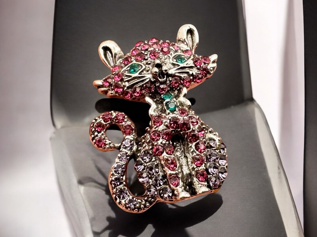 Spille & Fermagli: Grün rosa Strass Katze Brosche – Usato da Lamone venduto da LaCantinaMagica 5