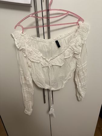 Schulterfreies Blusenkleid weiss bestickt Langarm Grösse L