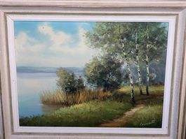 Bild Gemälde Landschaft mit See und Birken Amati signiert