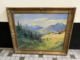 Tableau peinture à l'huile, paysage montagneux