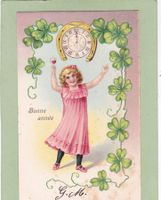 Kitsch Kind mit Uhr Klee Bonne Année Reliefkarte 1905