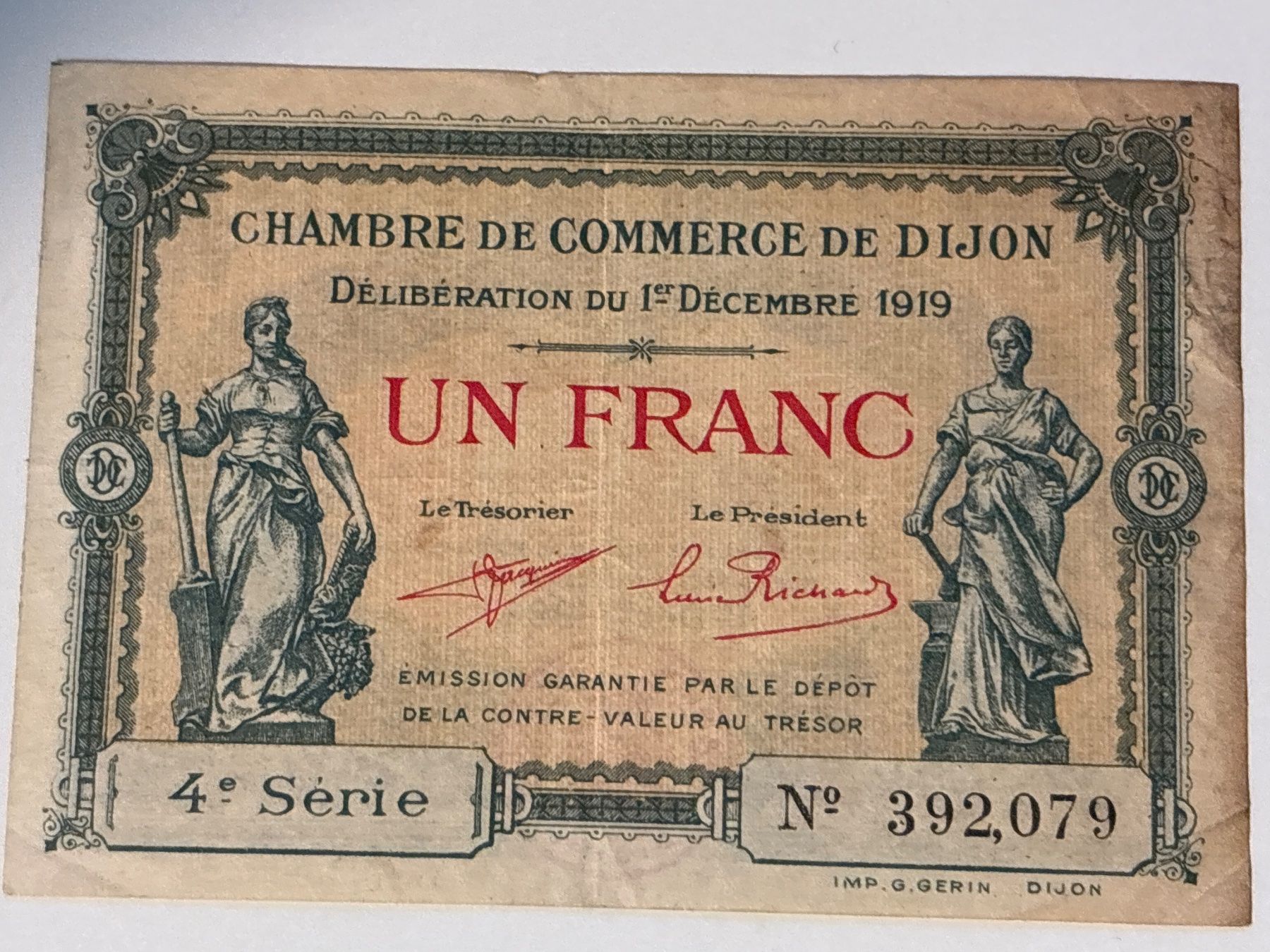 Banconote: Alte 1 Franc Note, Chambre de Commerce Dijon, 1919! – Usato da Zürich venduto da b.fabio