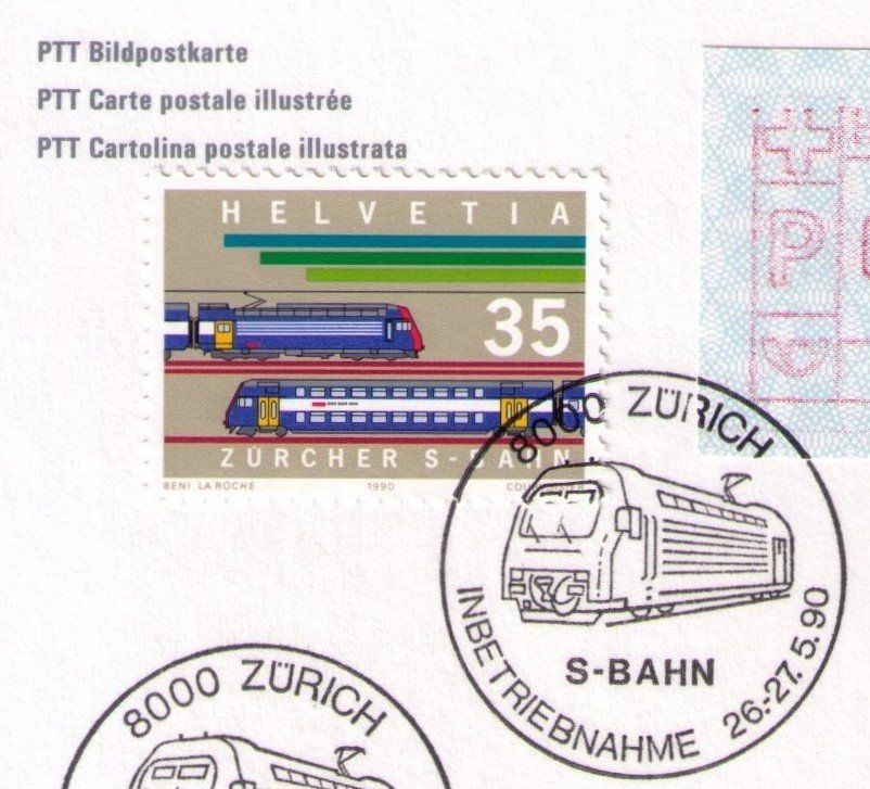 Alle Briefmarken: 1990_786_SONDER-O_INBETRIEBNAHME S-BAHN ZÜRICH_Bahnpostwagen – Gebraucht aus Marthalen von Ch_quality 5