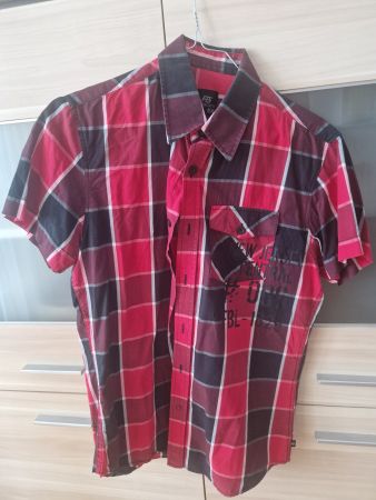 Herren Kurzarm Hemd Fishbone kariert rot schwarz Grösse S