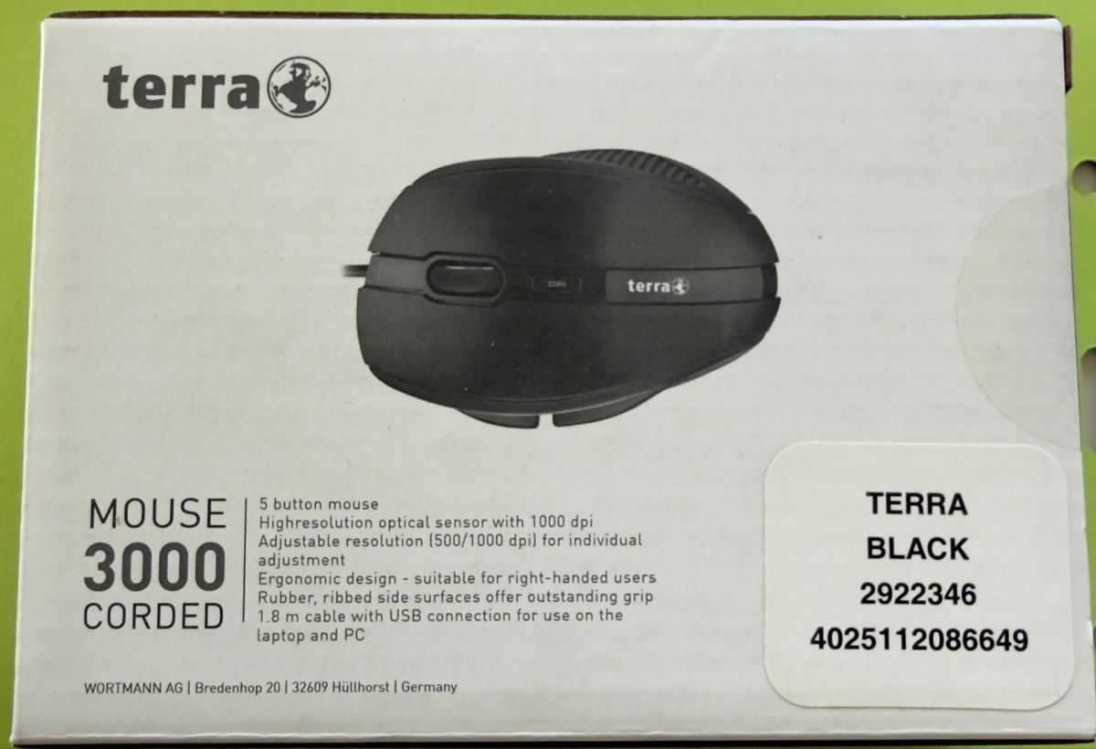 Mouse: Terra MOUSE 3000 CORDED Schwarz USB – Nuovo e nell'imballaggio originale da Basel venduto da tamy90 1