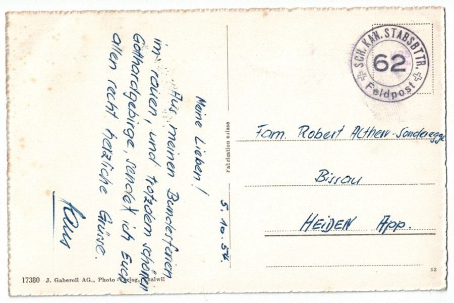 Gotthard Hospiz gel 1954 Feldpost SCH KAN STABSBTTR 62 (Gebraucht