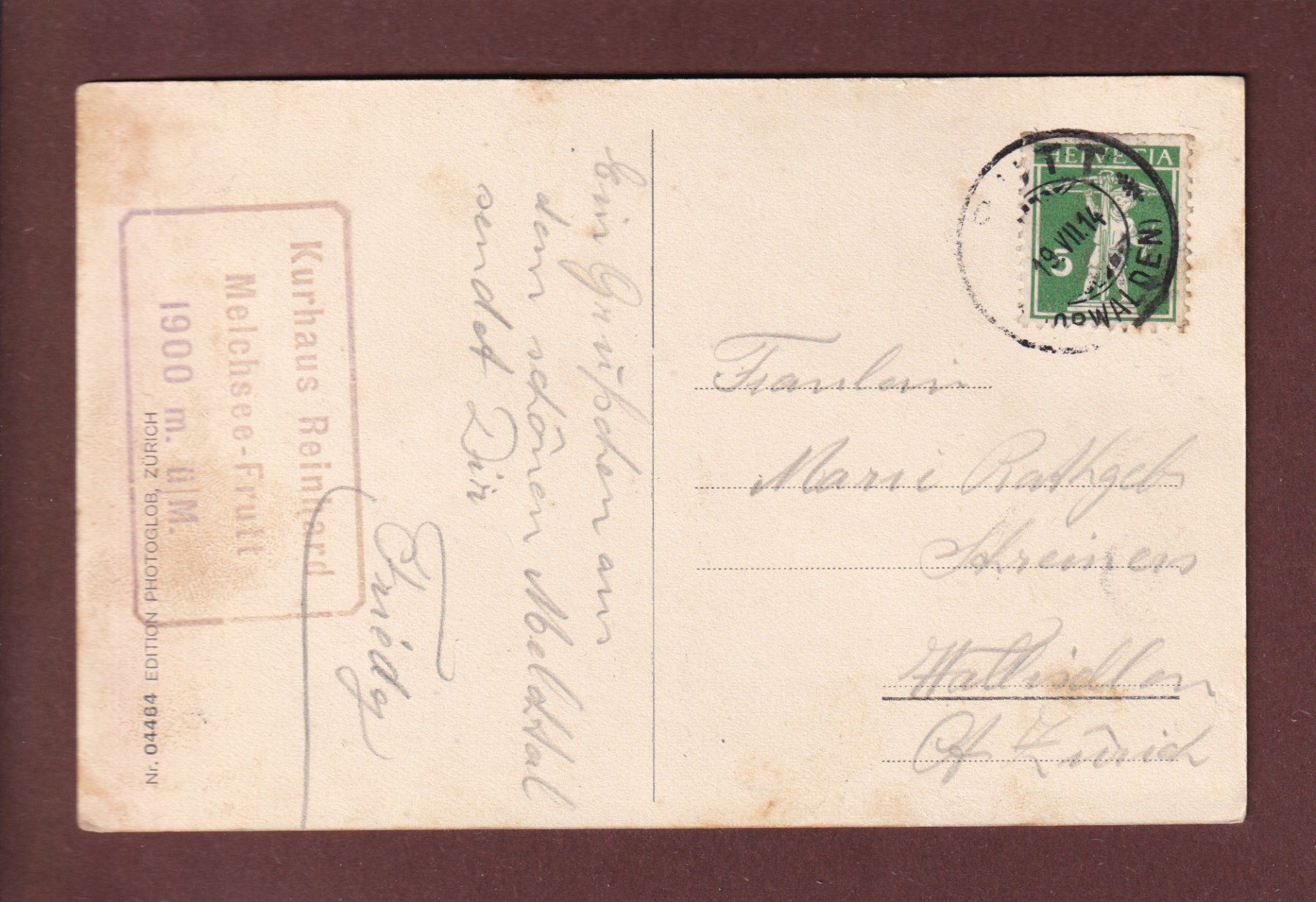 Cartoline postali: Kurhaus FRUTT mit Melchsee - 1914 – Usato da Pully venduto da nicecards 1