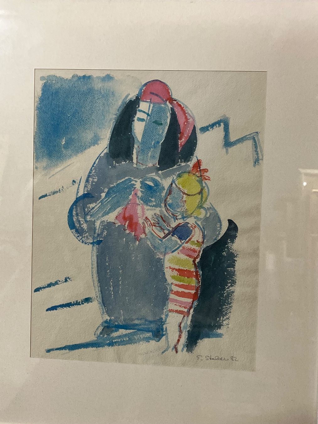 Gemälde: Abstrakte Mutter und Kind Aquarellmalerei, 1982 – Gebraucht aus Basel von PAUL_ART 1