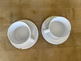 2 Linck Tassen mit Untertassen weiss Keramik