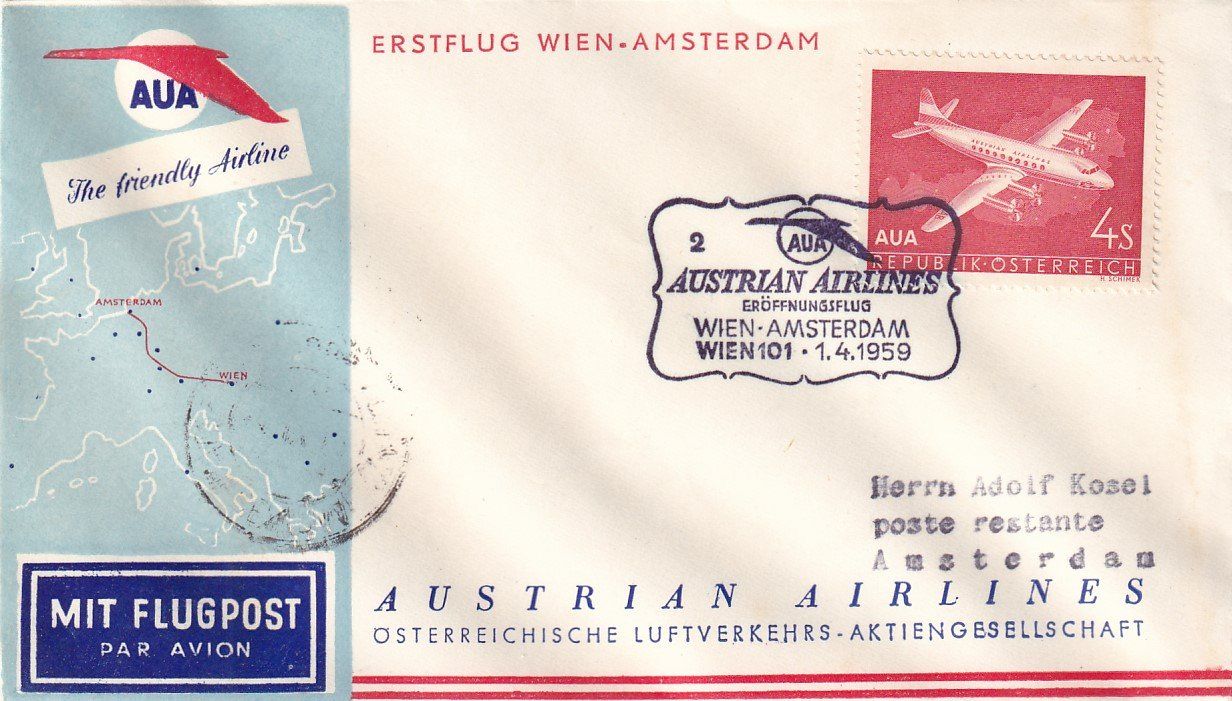 Tutti i francobolli: Erstflug AUA Wien - Amsterdam 1959 – Usato da Baar venduto da Asmara111