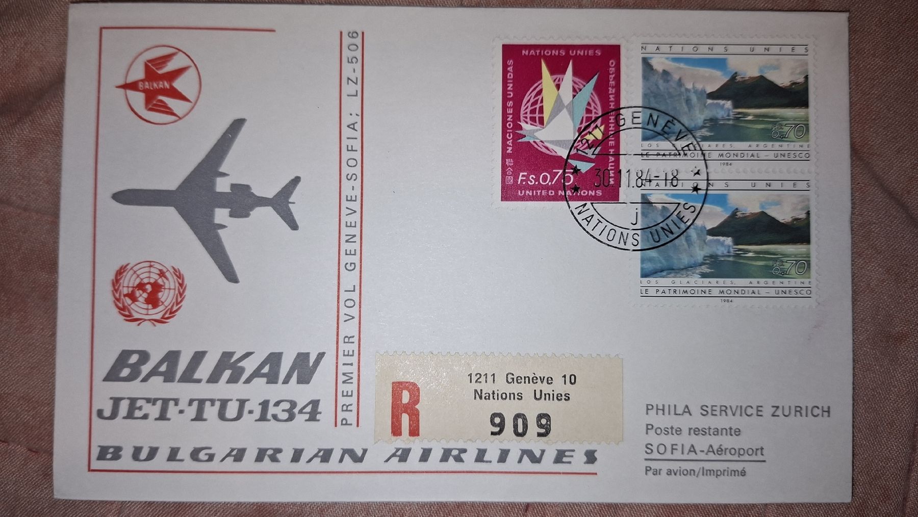 Tutti i francobolli: Swissair Geneve - Sofia 30.11.1984 – Usato da Balgach venduto da SIMEON27