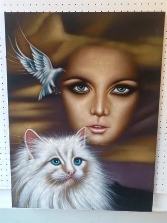 Gemälde: Paisan "Frau mit Katze " Samt-Gemälde – Gebraucht aus Zürich von Galerie-Kunst
