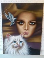 Paisan "Frau mit Katze " Samt-Gemälde