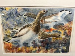 Aquarell Gemälde: Schneehühner im Flug, gerahmt