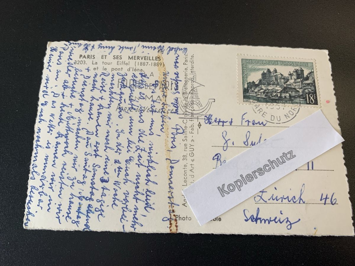 Cartoline postali: Alte Ansichtskarte Paris Eiffelturm, Briefmarke, Jahr 1955 – Usato da Erlenbach ZH venduto da Ritschly 1